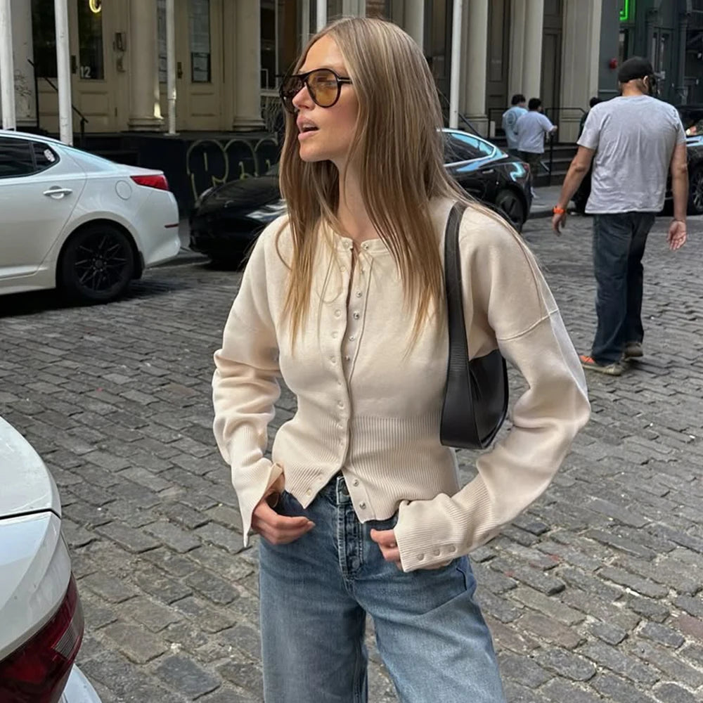 Tuularose Women'S'S Spring Cardigan Round Neck Button Casual Solid Knit Sweater Fashion Street High Waist Short Top Sweater Female