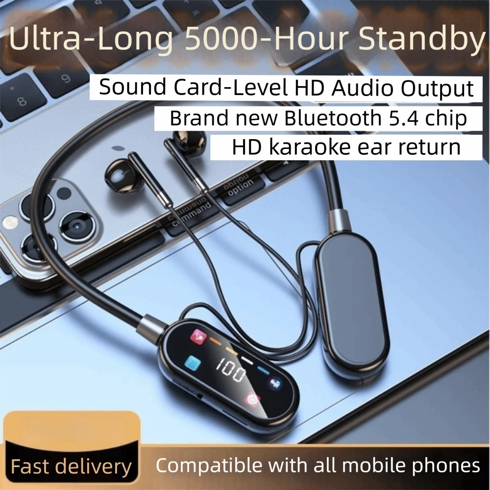 Wireless Wireless Earphones Long Battery Life HiFi Stereo Neckband Headphones HD Mic LED Display Screen Sports Headset