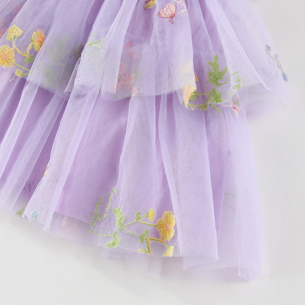 Summer Kids Clothes Girls Floral Embroidery Mesh Dress 1-5Y Children Spaghetti Strap Princess Tutu Dress Beach Wear