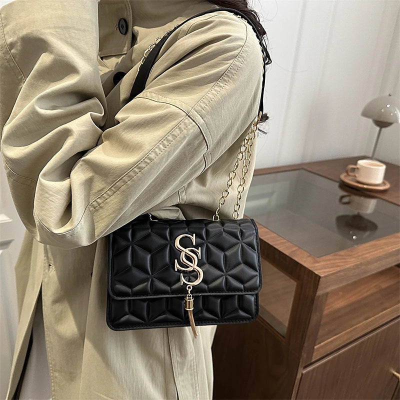 Fashionable Small Fragrant Style Argyle Quilted Small Square Bag Metal Letter Tassel Diagonal Cross Bag Commuter Shoulder Bag