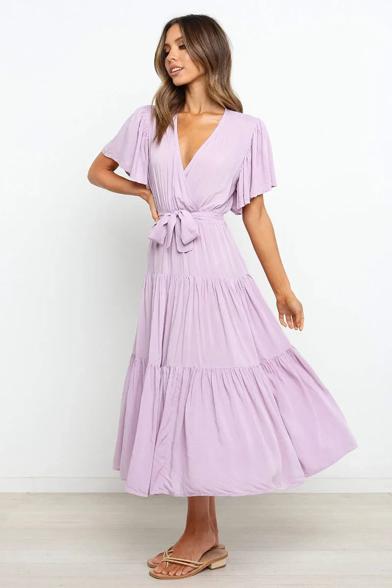 Summer Bohemian Long Dress Pure Color V-Neck Short Sleeve Empire Waist Design Floor Length with Belt Loose Fit Women's Dress