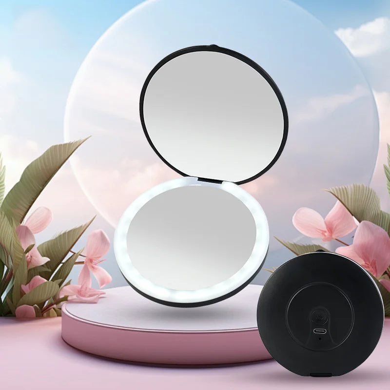 New Mini LED Luminous Makeup Mirror Round Portable Foldable Small Compact Mirror with Light USB Handheld Makeup Lighted Mirror