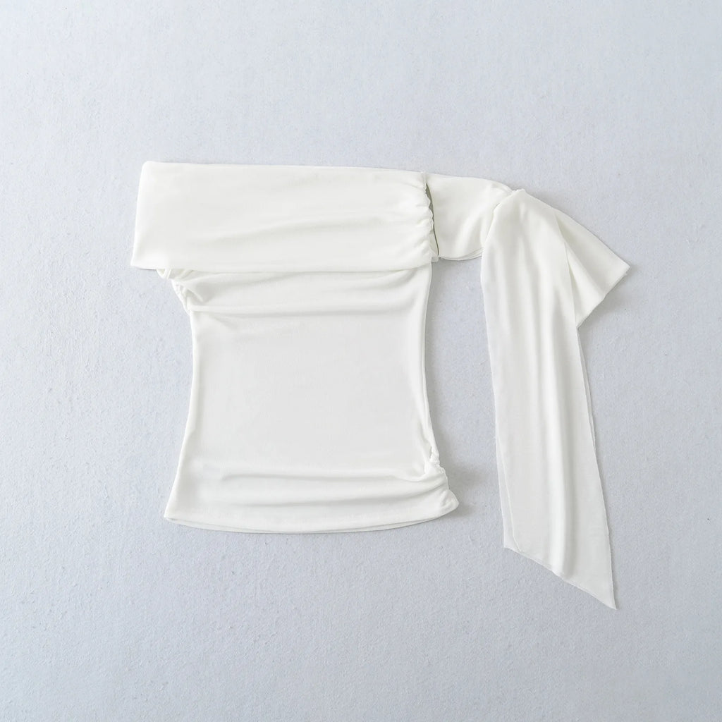Sexy Pure Desire Short Sleeve T-Shirt Women's Spicy Girl Sash One Shoulder Tube Top Short Length Slim Fit Casual Noble