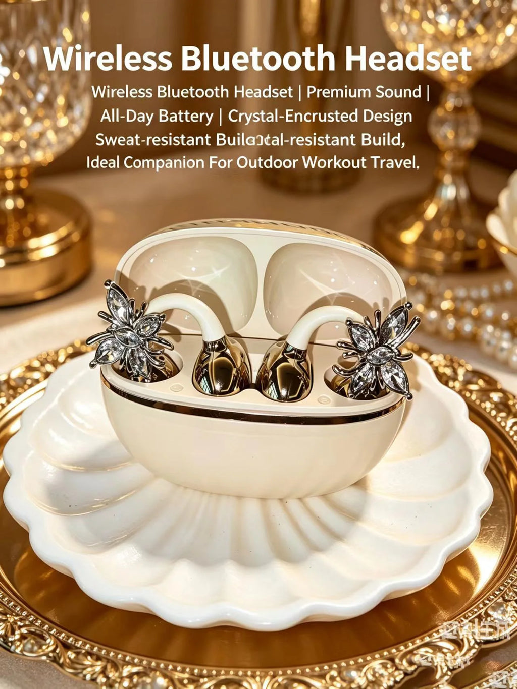 Universal Open Hook Bluetooth Headphones HD Noise Reduction Call Wireless Earphones , Come with Extra Crystal Diamond Butterfly