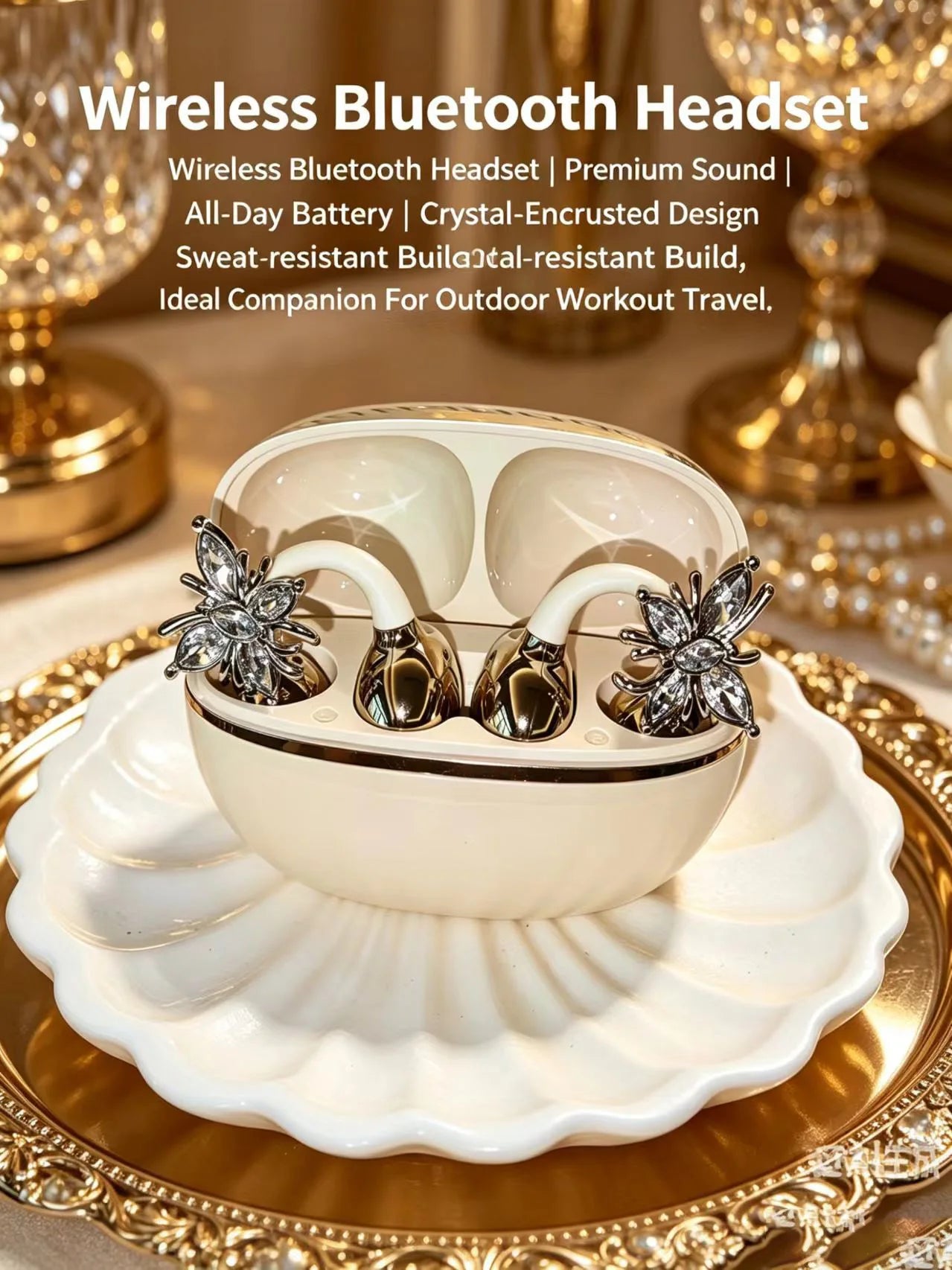 Universal Open Hook Bluetooth Headphones HD Noise Reduction Call Wireless Earphones , Come with Extra Crystal Diamond Butterfly
