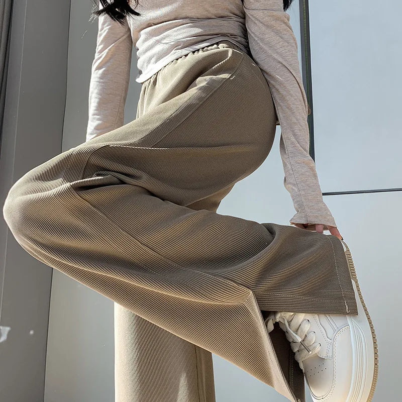 Women's High Waist Wide Leg Knitted Pants - Side Split Casual Long