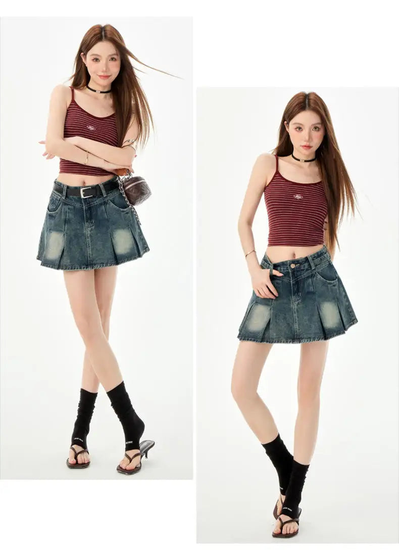 Trendy High Waist Pleated  Denim Skirt Women's Spring Summer New Lazy Style A-Line Half-length Jeans Skirts