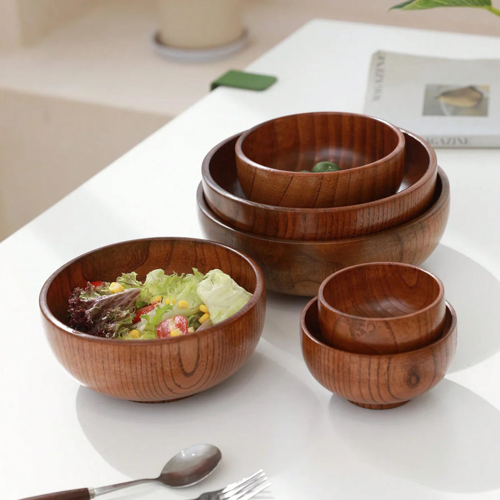 1Pc Stackable Solid Wood Bowl / Available in Large and Small Sizes / Household Wooden Bowl for Salad / Rice / Soup Noodles