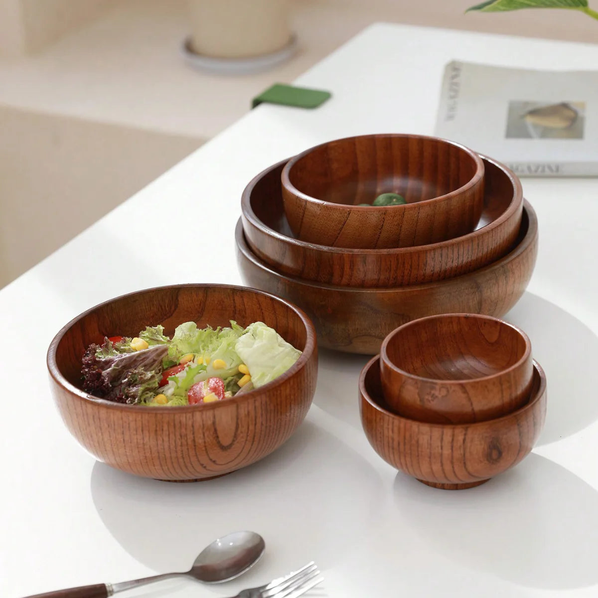 1Pc Stackable Solid Wood Bowl / Available in Large and Small Sizes / Household Wooden Bowl for Salad / Rice / Soup Noodles