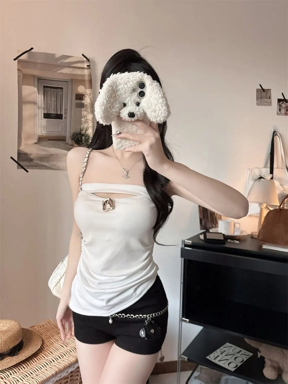 Sexy Slimming Red One-Shoulder Tube Top Women's Summer Fitted Hollow out Chest Pad Korean Style Thin T-Shirt Vest