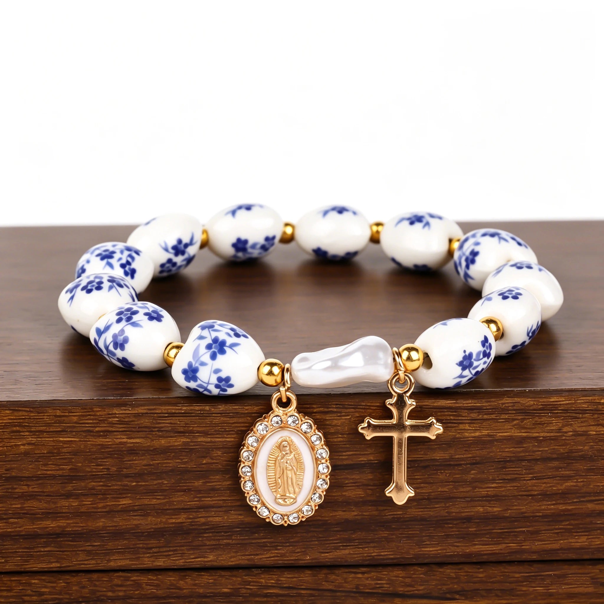 Jesus Cross Bracelet Women'S Men Blue White Porcelain Ceramics Beads Ascension Day Western Wear Pulseras Spring Summer Jewelry