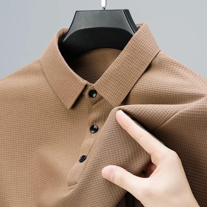 Men's Long Sleeve Polo Shirt - Solid Color Knit Casual Top