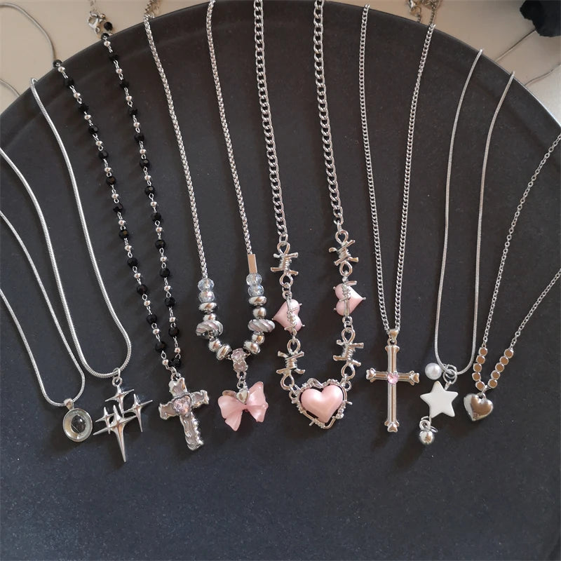 Star Cross Bowknot Pendant Necklace For Women'S Egirls Y2K Cool Neck Jewelry Clavicle Chain Original Korean Fashion