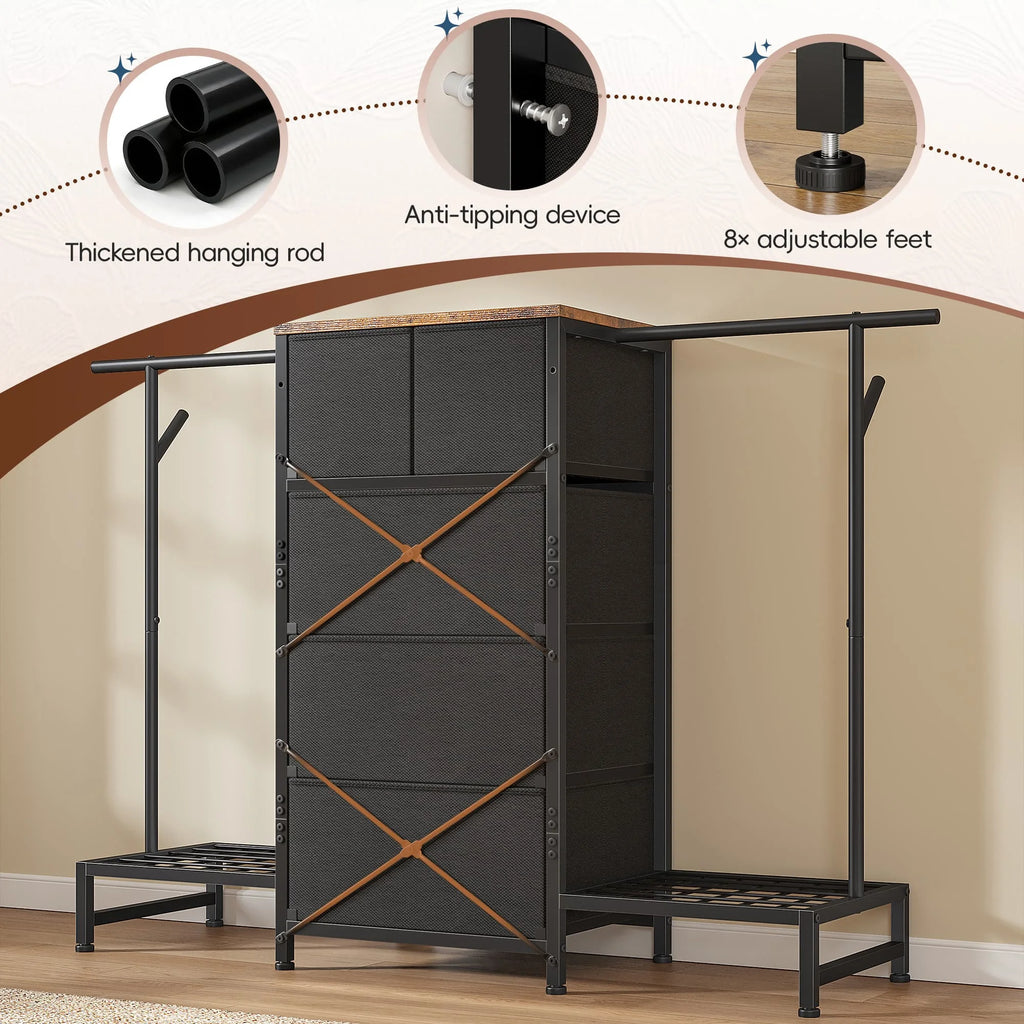 3-in-1 Dresser & Hanging Rack – 57.8" Wide with 5 Drawers & Shoe Rack, Side Hooks for Bedroom Storage and Walk-in closet