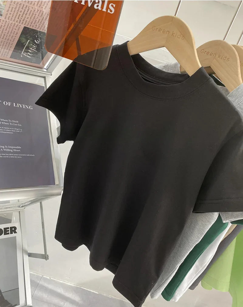 Kids Solid Color Cotton T-Shirt 2026 Spring Summer New Boys Girls Round Neck Short Sleeve Basic Tops Children Casual Tees