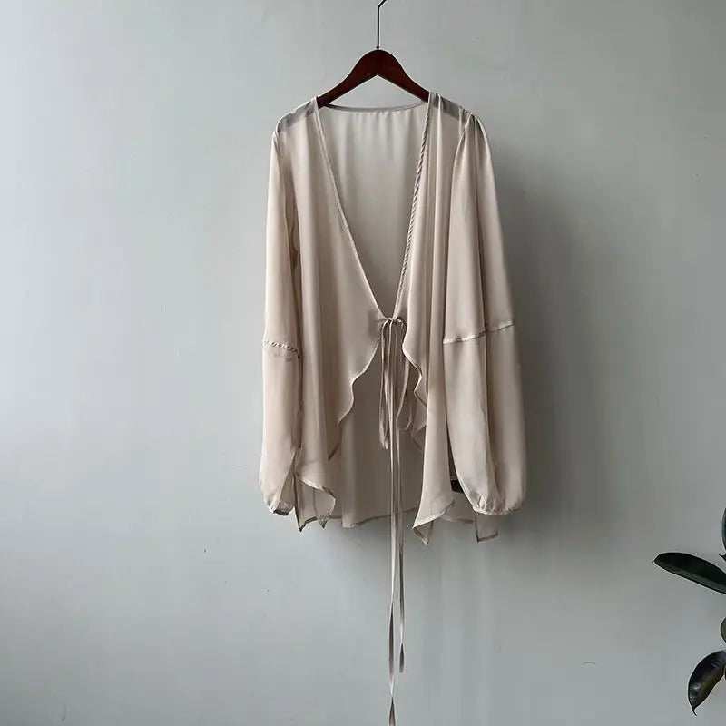 Shirts Women'S V-Neck Loose Long Sleeve Open Stitch Korean Style Lace-Up Solid Summer Chiffon Breathable Minimalist Stylish