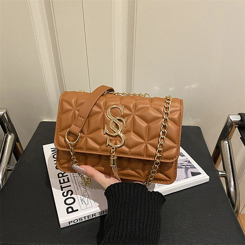 Fashionable Small Fragrant Style Argyle Quilted Small Square Bag Metal Letter Tassel Diagonal Cross Bag Commuter Shoulder Bag