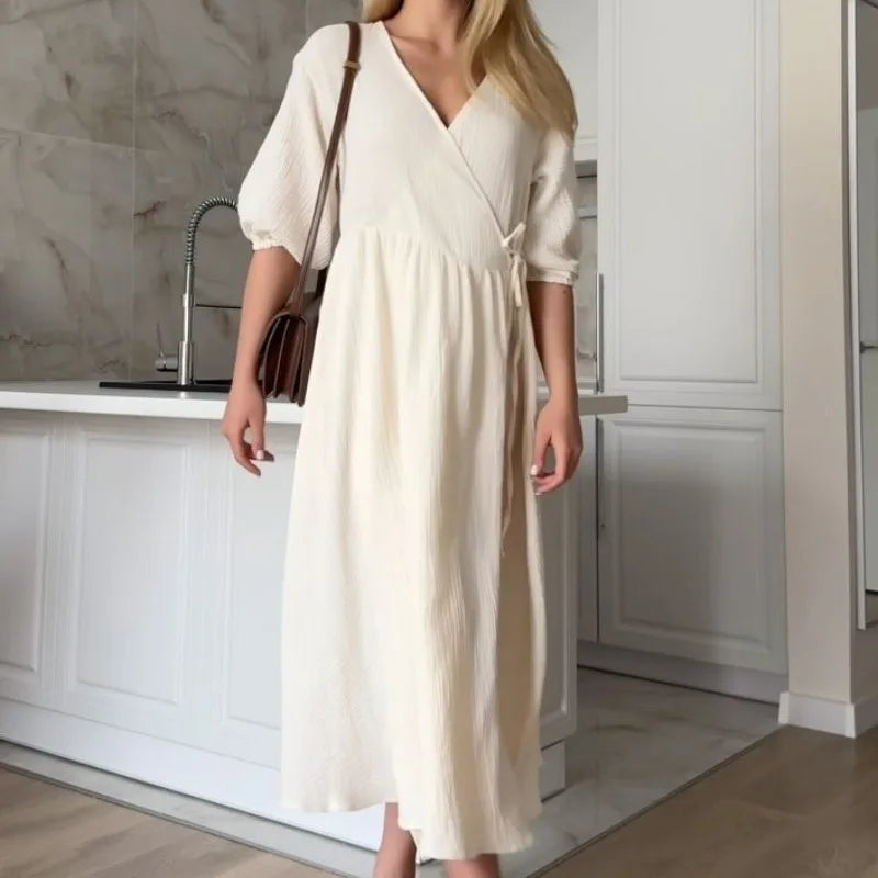 Long Dress Women Dresses Vestidos Lace Up V Neck Puff Sleeve Solid High Waist Female A Line Office Lady Summer 2025 Maxi Gown