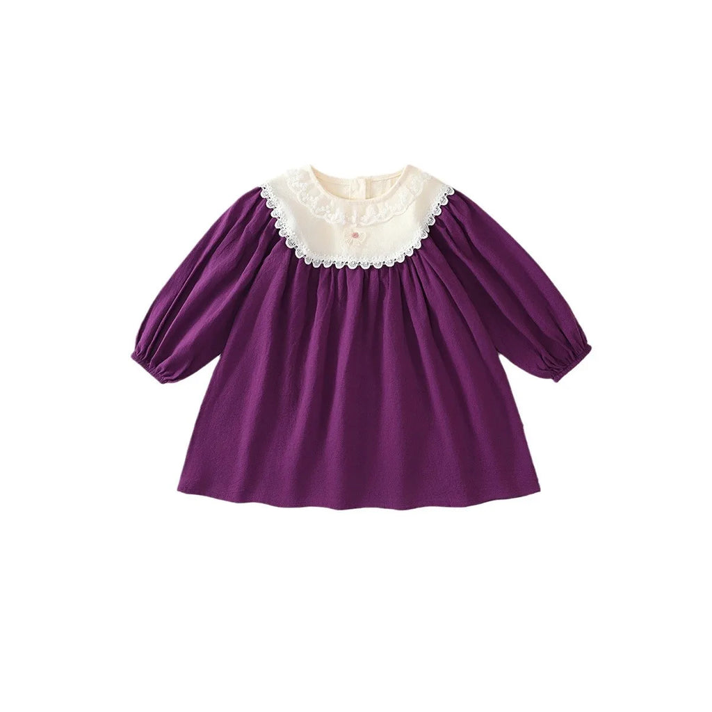 Children Girl Vintage Dress Spring Autumn Lace Turn Down Collar 2-8Y Princess Dress Fragment Flower Long Sleeve Baby Girls Dress