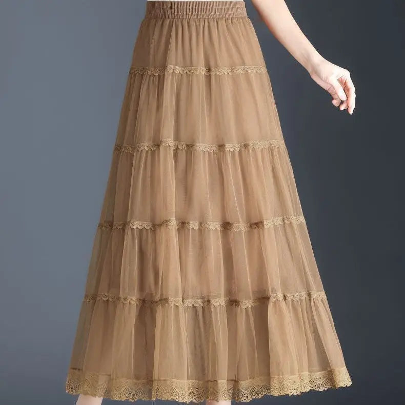 Sweet Lace A-Line Half Skirt Women's Spring Summer New Style Elastic Waist Slimming Cake Skirt High Waist Polyester Fiber