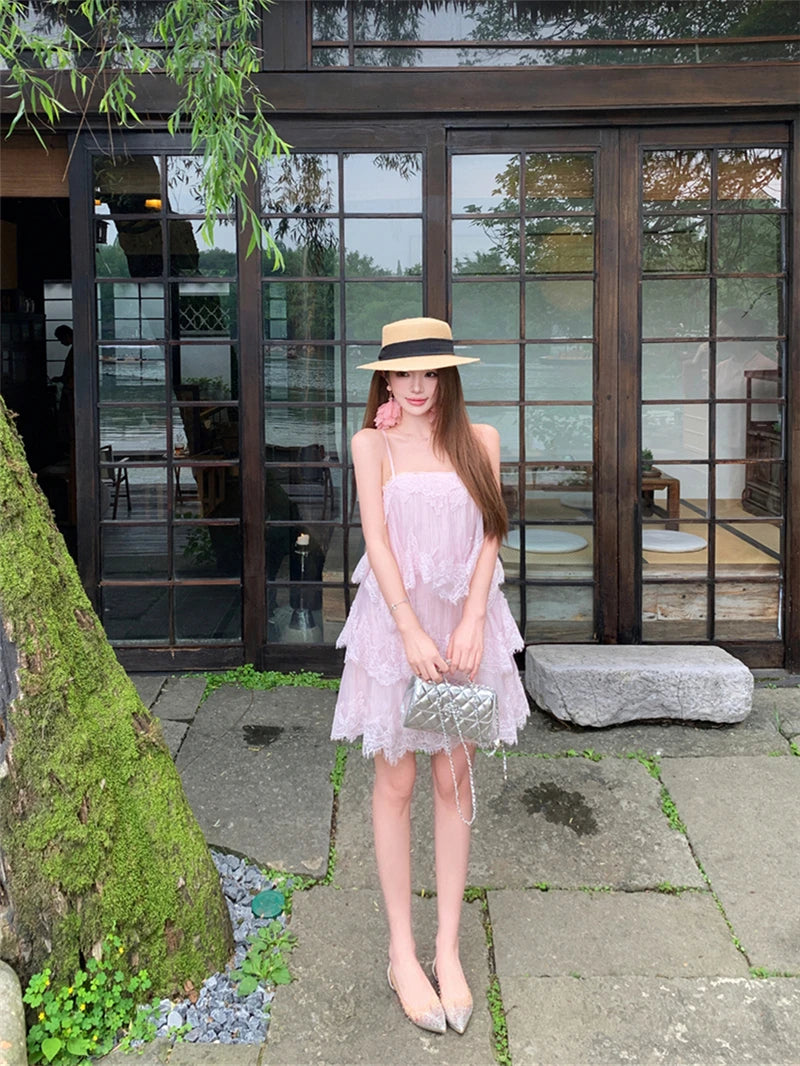 Sexy Splice Lace Heavyweight Strapless Vest Dress Loose Waist Spring Summer Autumn Sleeveless Backless City Commute Daily A-L...