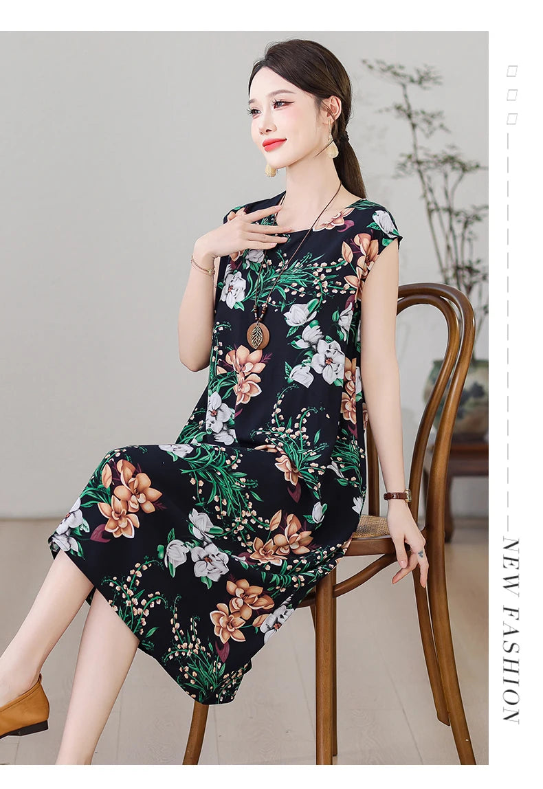 New Fashion Vintage Floral Print  Sleeveless Casual Party Femme Summer Dresses For Women 2025 O-neck Straight Women Clothing
