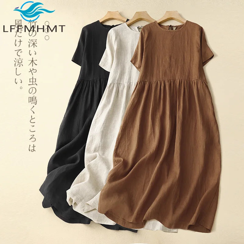 Korean Style Summer Fashion Solid Color Simple Basic Cotton Linen Dress for Women Good Quality Half Sleeve Elegant Frock Female