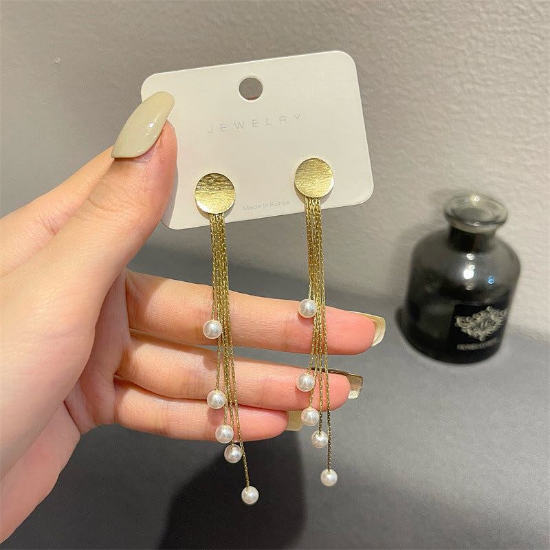 Korean Fashion Style Pearl Long Tassel Clip on Earrings for Women Simple Temperament Long Chain Non-piercing Ears Clip Earrings