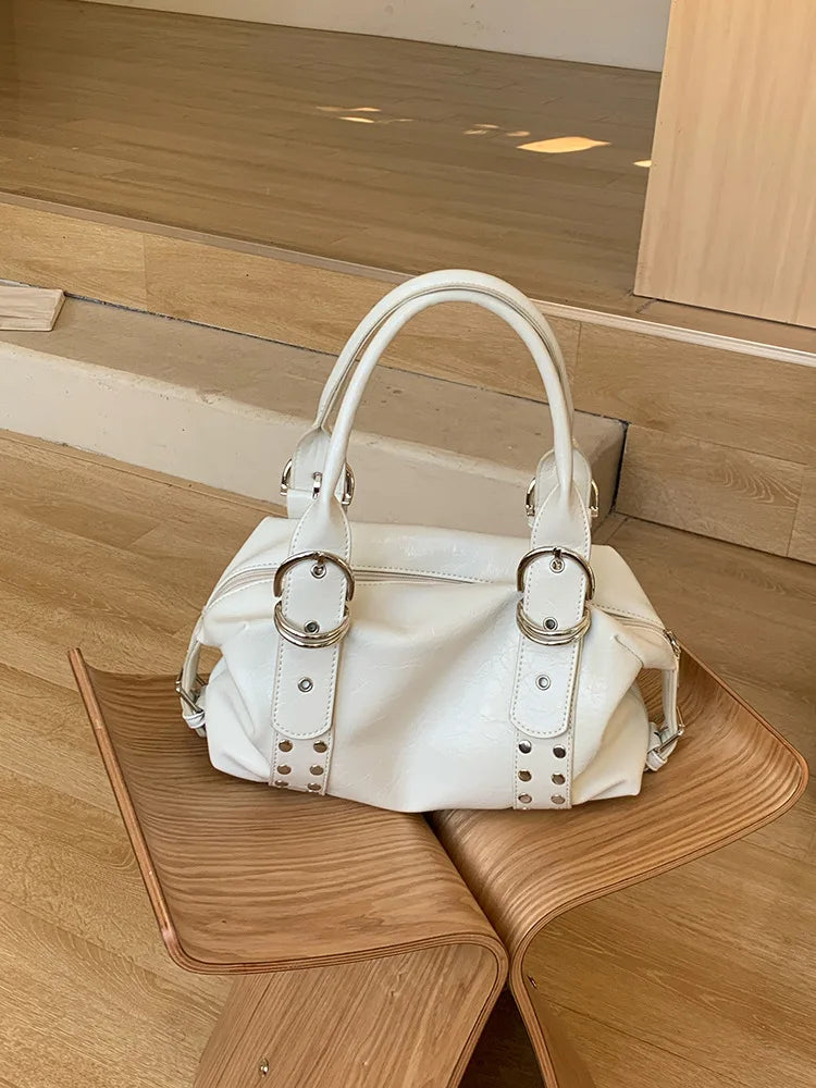 Fashion Rivet Women Shoulder Bag PU Leather Hot Girl Motorcycle Bag Bolsa Feminina Female Underarm Bag Ladies Big Handbag Black