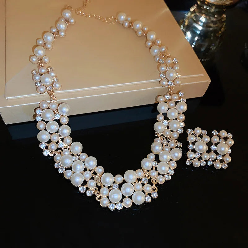 3 Pcs Rhinestone Pearl Rectangular Earrings Necklace Set Two-Piece Vintage Choker Accessory Light Luxury Jewelry Sets Wedding