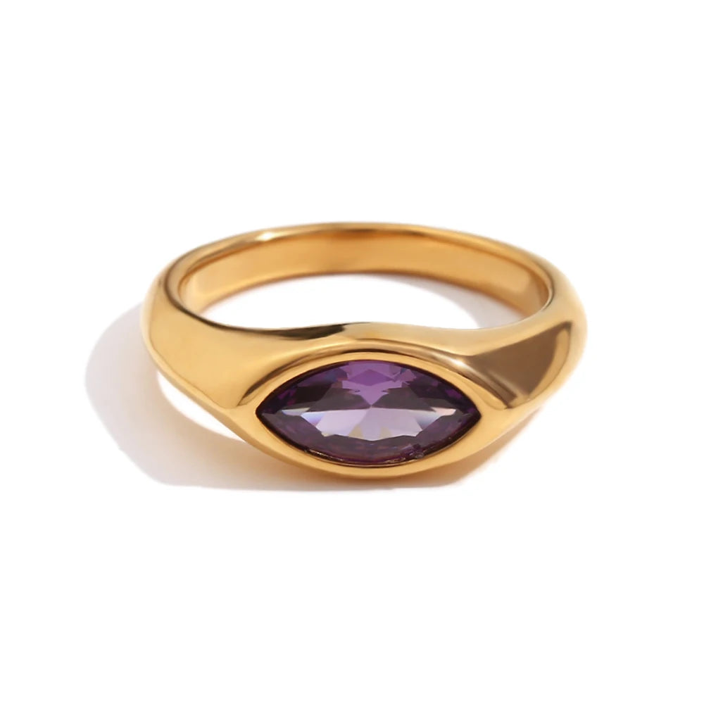 E.B.Belle Horse Eye Zircon Seal Ring 316L Stainless Steel Hypoallergenic 18K Gold Plated For Women
