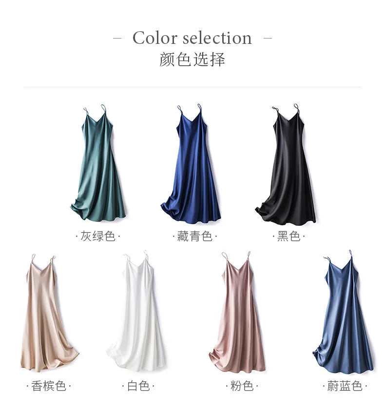 Sexy Solid Color Camisole Nightgown for Women Midi Length Sleeveless Slip Dress Inner Layer Base Dress Home Sleepwear Nightwear