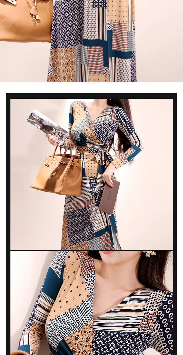 Vintage Print V-neck Lace-Up Maxi Dress | Korean Slim Long Sleeve.