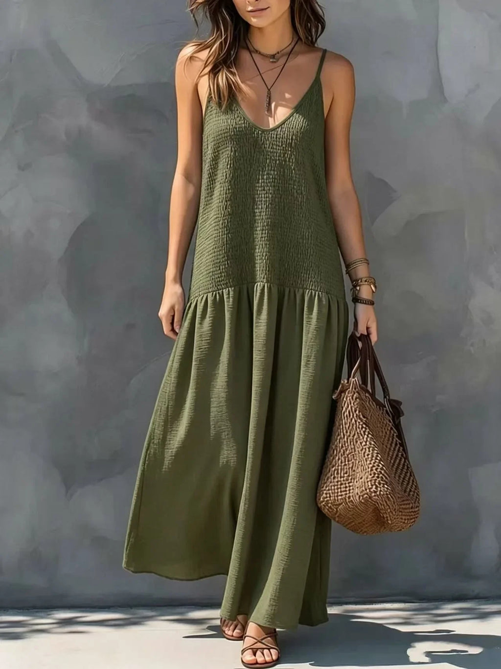 Spaghetti Strap V Neck Maxi Dress Smocked Bust Loose Wide Hem Coastal Style Getaway Wear Sleeveless Beach Long Sundress