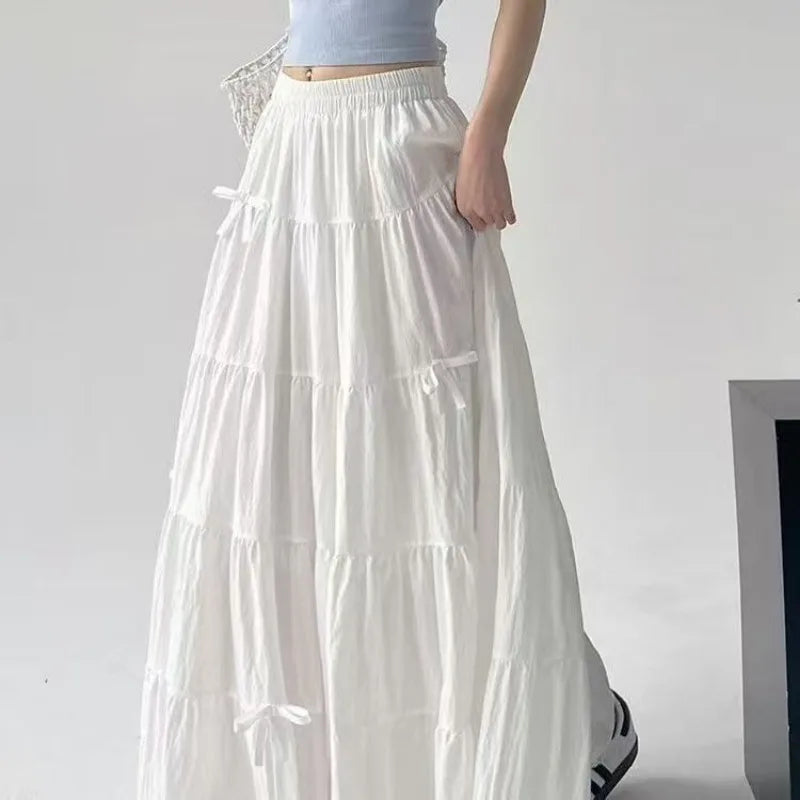 2026 New Streetwear Spring Summer Women's Skirts Vintage High Waist Elastic Patchwork White Black Chic Long Cake A-line Skirt