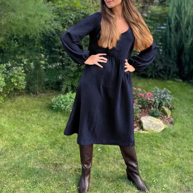 Casual 100% Cotton Women'S Dresses Muslin Sexy V-Neck Long Sleeve Elegant Maxi Dress Midi Robe Female Clothing