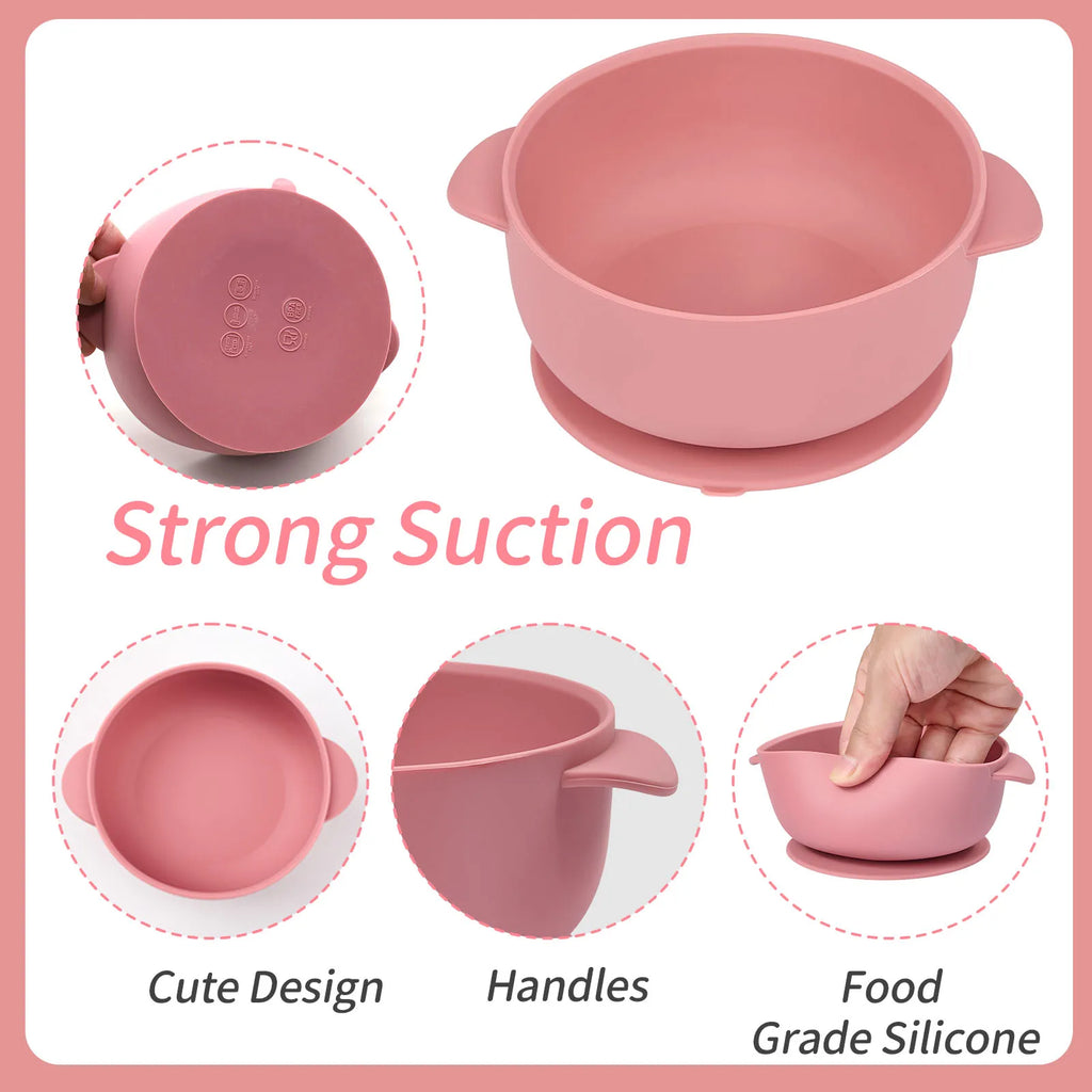 3pcs silicone bowl with lid, food spoon bowl with suction cup, strong suction set