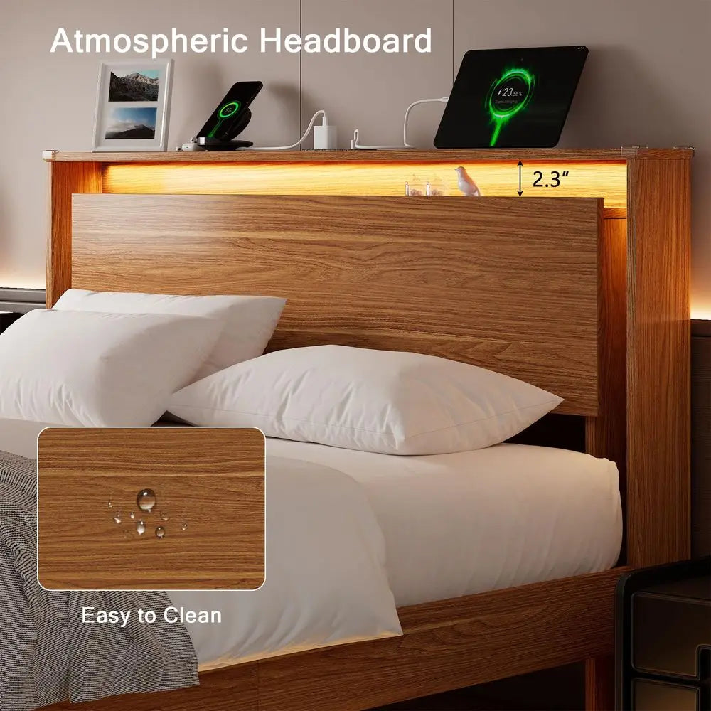 Bed Frame Queen Size with LED Lights amp Charging Station Kids Wood Floating Queen Bed Frame with Storage Headboard, Adhesive S