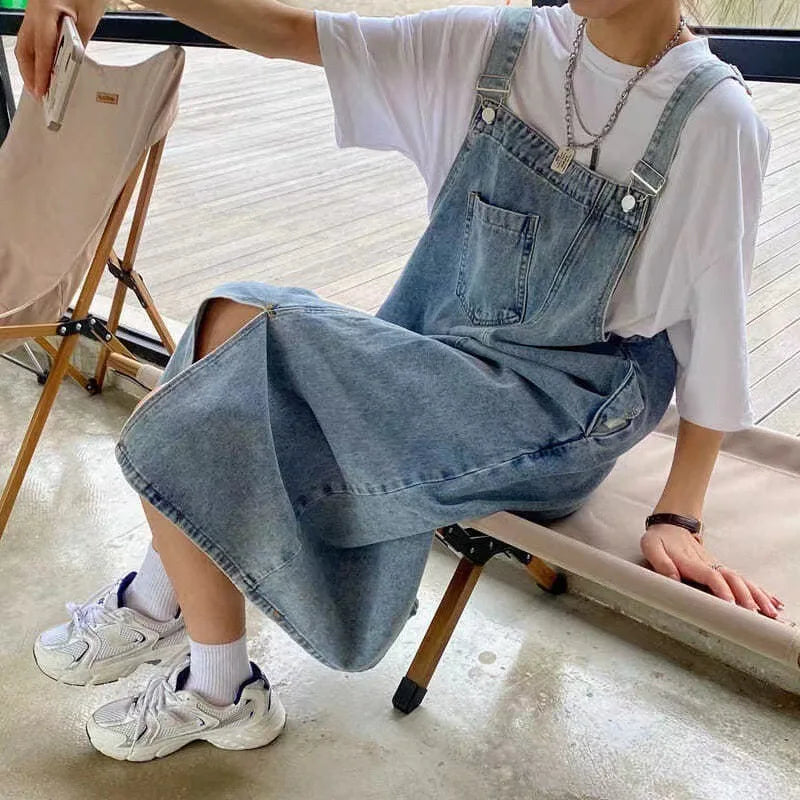 New Irregular Split Cowboy Denim Dress Women'S Sleeveless Jeans Dresses Fashion Female Solid Casual Loose Strap Dresses