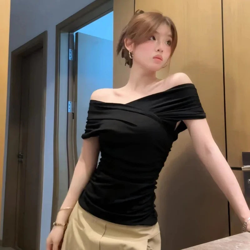 Women Hot Girl Irregular Ruched Off Shoulder T-Shirt Waist Cinched Figure Flattering Sexy Cutout Shoulder Ins Trendy Top