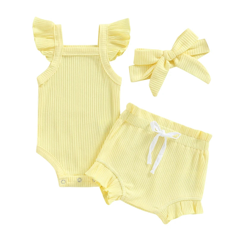 0-18M Summer Lovely Toddler Baby Girls Boys Clothes Sets Solid Knit Ruffles Sleeve Bodysuit Romper Tops Shorts 2Pcs Clothes