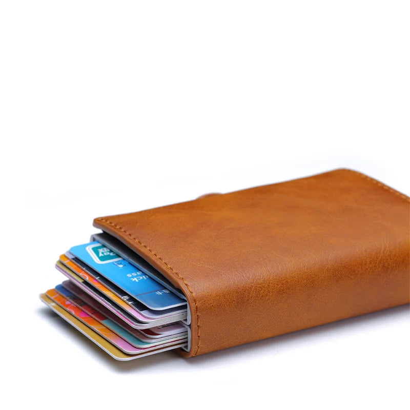 RFID Blocking Men Wallet Credit Card Holder Leather Card Wallet Double Metal Box ID Card Holder Money Clip Purse New 2023