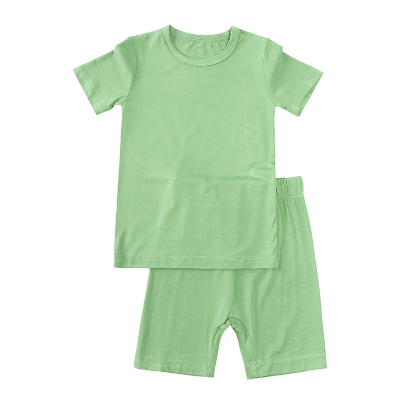 2-Pcs Summer Children's Bamboo Fiber Short-sleeved Shorts Suit Boy Casual Breathable Top Baby Girl Pink Sweet Soft Home Clothes