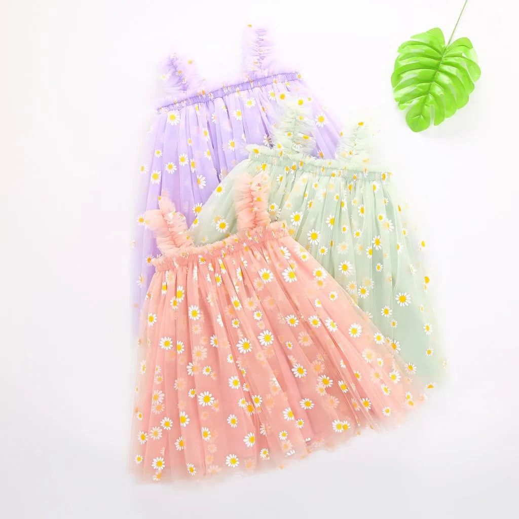 Toddler Girls Summer Sling Dress Sleeveless Daisy Print A-Line Tulle Princess Dress Kids Birthday Party Skirt Cute Baby Clothes