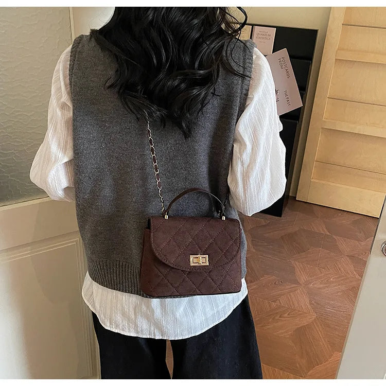 Diamond Grid Chain Crossbody Bag One Shoulder Purse Trendy Flip Top Clutch Women's Fashion Suede Leather Casual Shoulder Bag