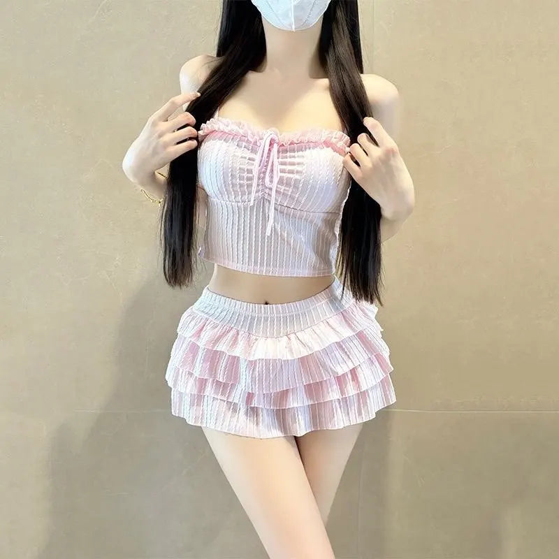 Japanese Fresh Sweet Cute Sexy Hottie Girl Slimming Spaghetti Strap Amd Skirt Split-type Swimsuit Set Bikini Swimwear Women New