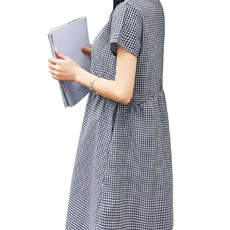 Black And White Plaid Summer Shirt Dress Women's Mid-Length Casual Outerwear Large Size Slimming Dress Artistic Retro Style