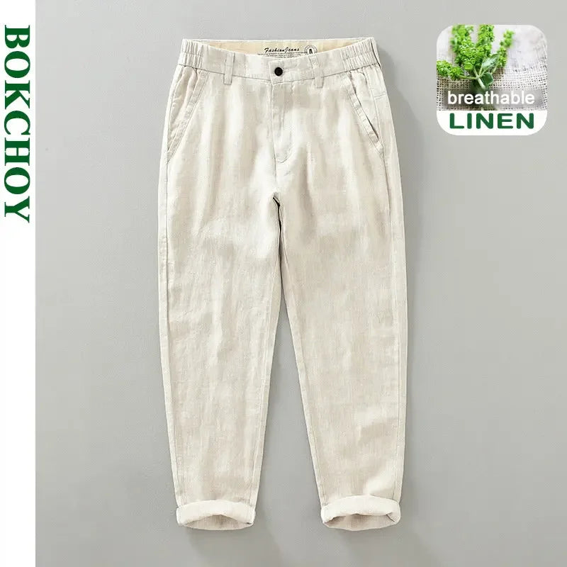 2025 Summer New Breathable Pure Linen Casual Pants for Men Clothing Slim Streetwear Men Ankle-length Pants EC1333