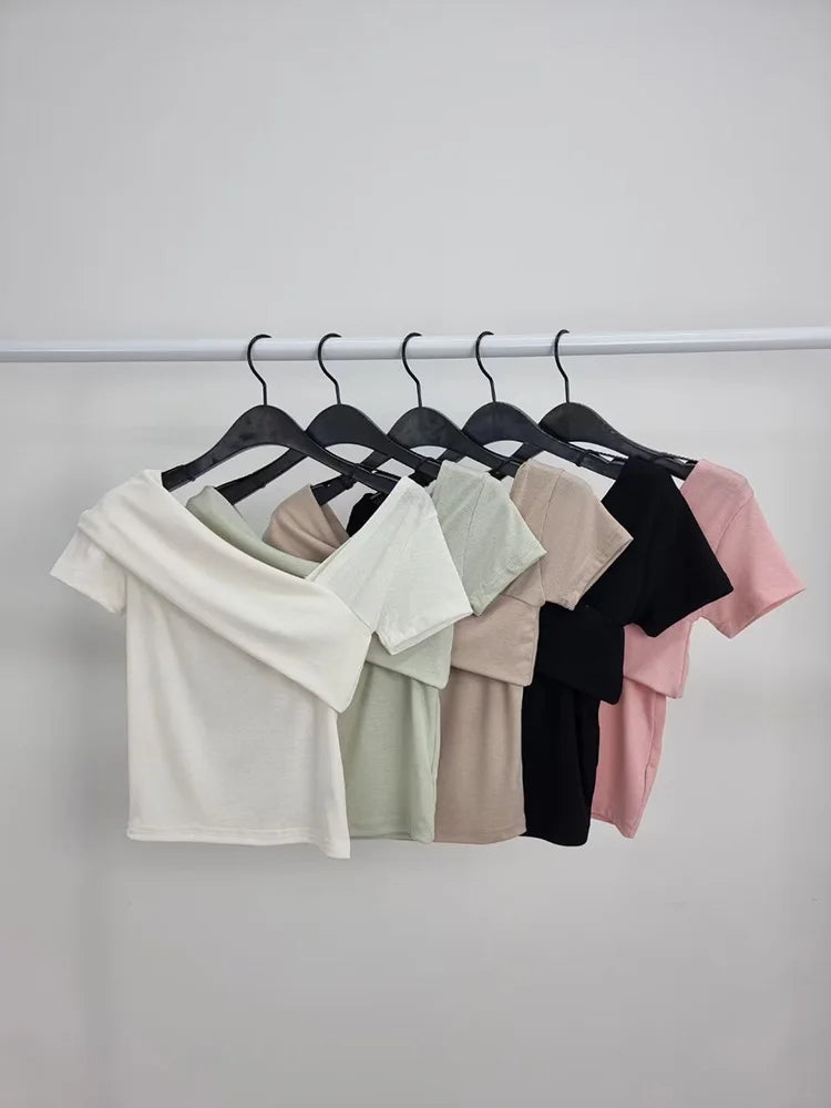 Slim Fit Short Sleeve T-Shirt Women's Summer Sexy Pure Desire Diagonal Collar Flip  Korean Style Commute Pure Color Top