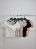 Slim Fit Short Sleeve T-Shirt Women's Summer Sexy Pure Desire Diagonal Collar Flip  Korean Style Commute Pure Color Top